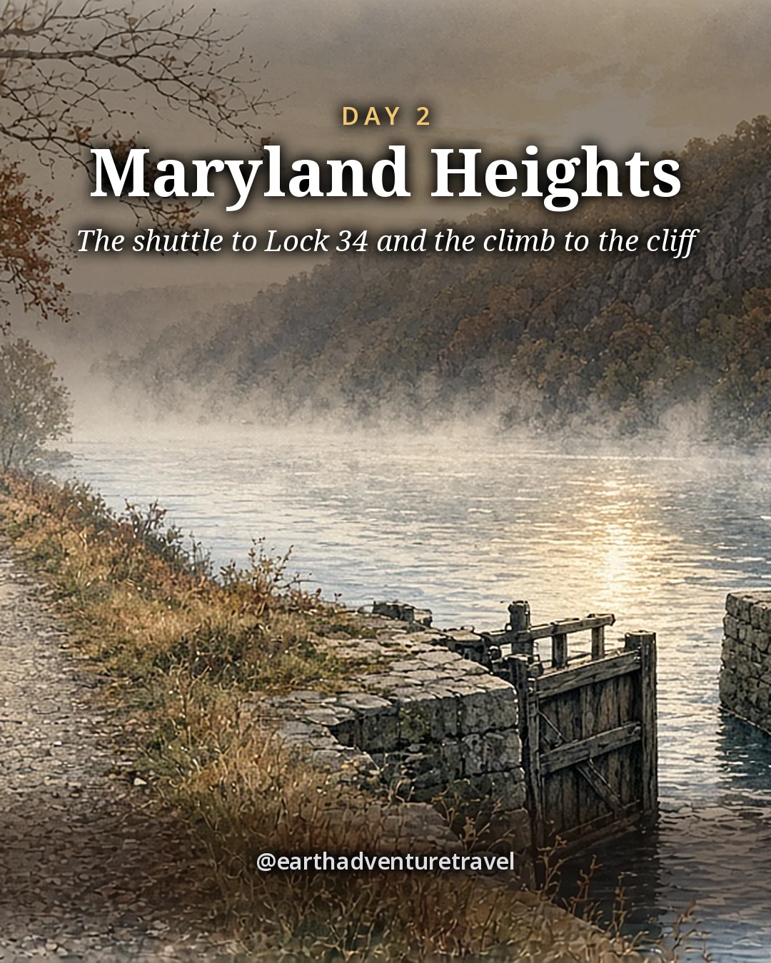 Illustration: a hiker stepping onto the misty canal towpath beside the old stone walls of Lock 34, with wooded ridges and the Potomac gap behind, illustrated day card for Day 2