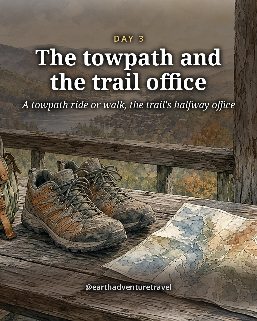 Illustration: a pair of trail shoes and a folded trail map on a weathered wooden porch bench, with a flat towpath and the Harpers Ferry hills soft behind in morning light, illustrated day card for Day 3