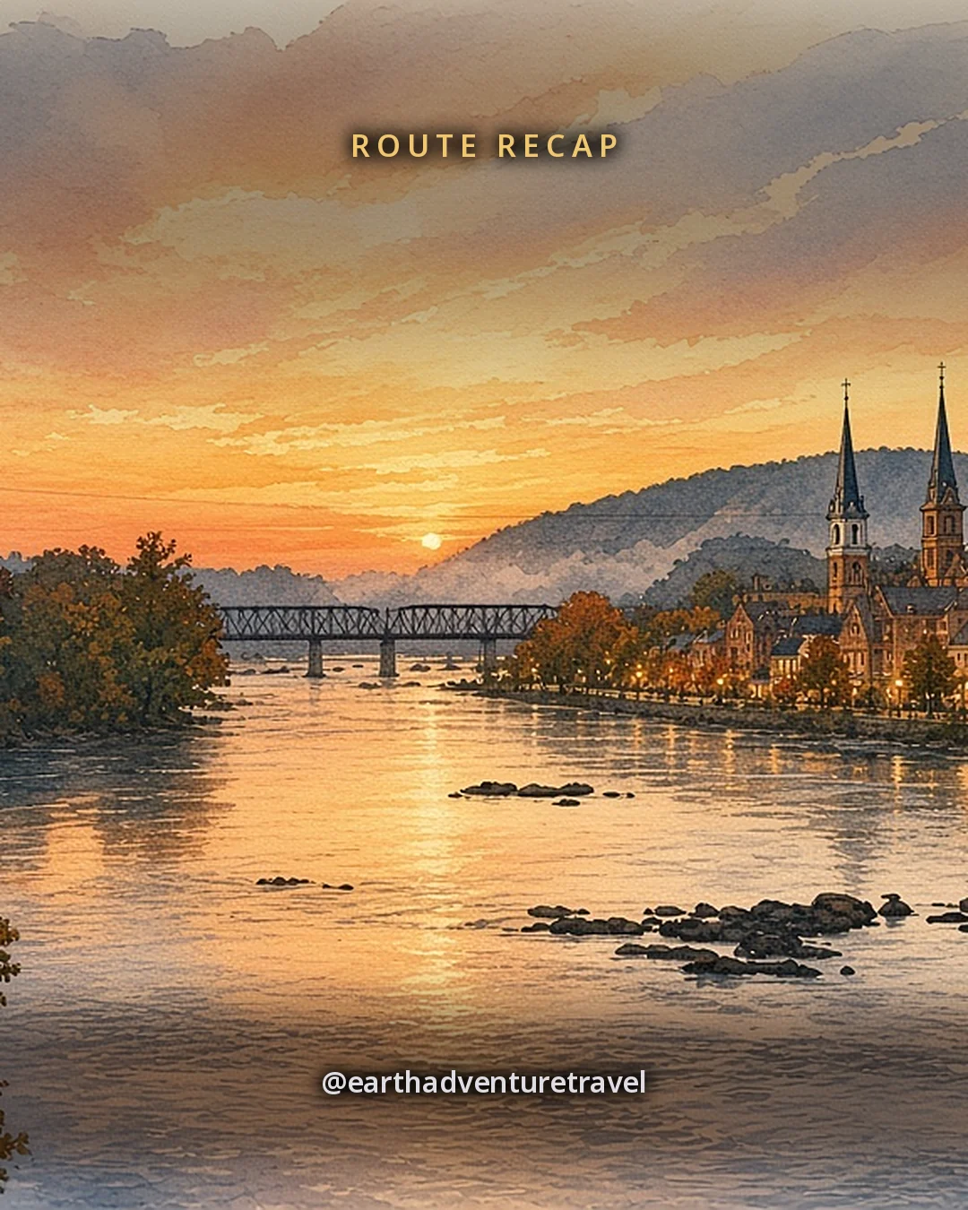 Illustration: Harpers Ferry at dusk from the Point, warm windows in the brick town between steep wooded ridges, the railroad bridge across the river under a soft evening sky, original illustrated recap card