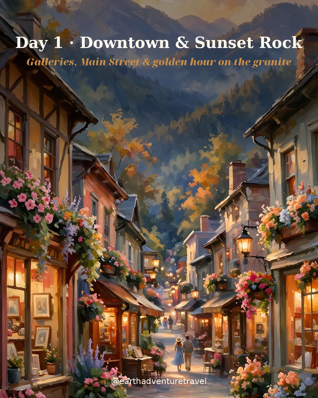 Day 1 itinerary card: a mountain town main street glowing at golden hour