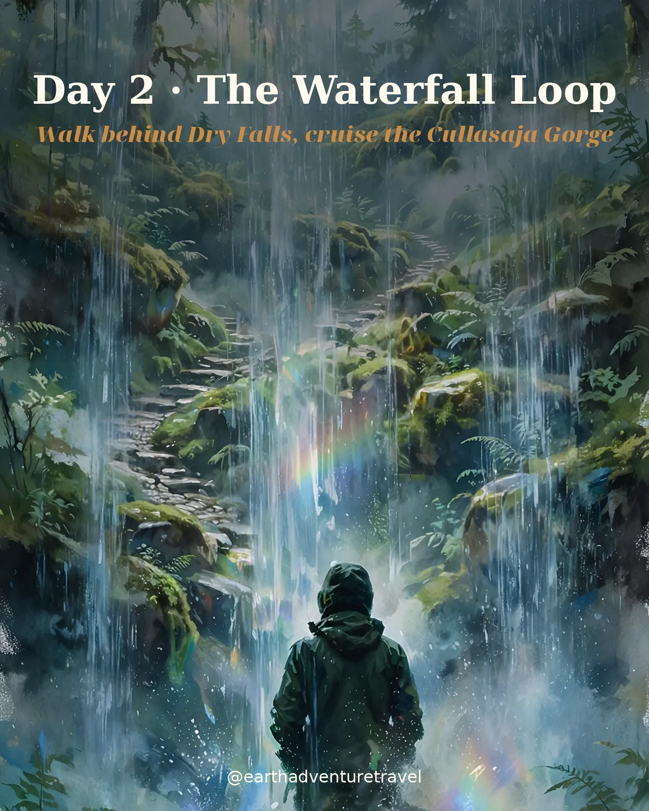 Day 2 itinerary card: standing behind a waterfall curtain in a misty green gorge