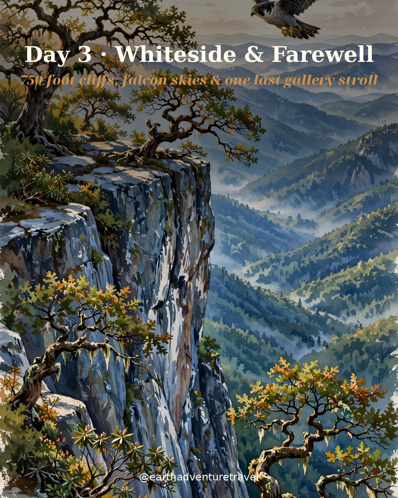 Day 3 itinerary card: sheer granite cliffs with a peregrine falcon soaring above