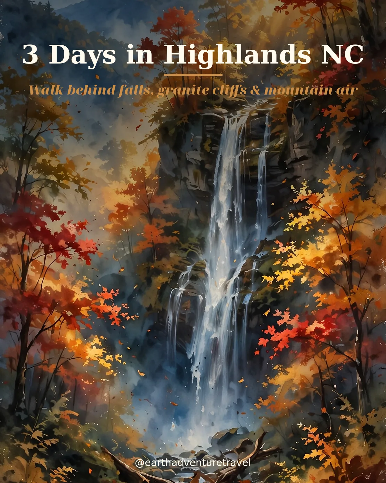 Highlands NC couples travel guide cover: a waterfall cascading through autumn forest beneath Blue Ridge ridges — a 3-day couples itinerary