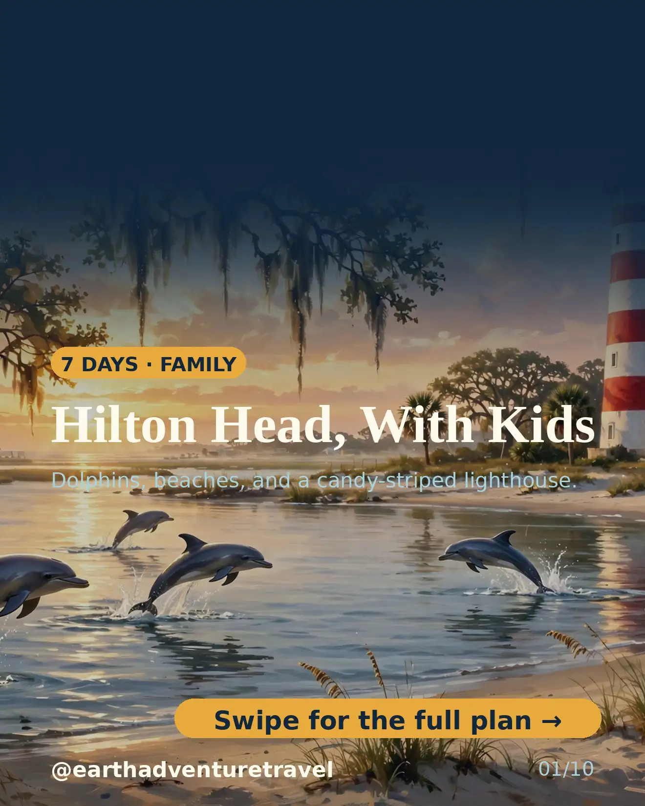 Illustrated Hilton Head family guide cover: dolphins at sunrise, candy-striped lighthouse, live oaks