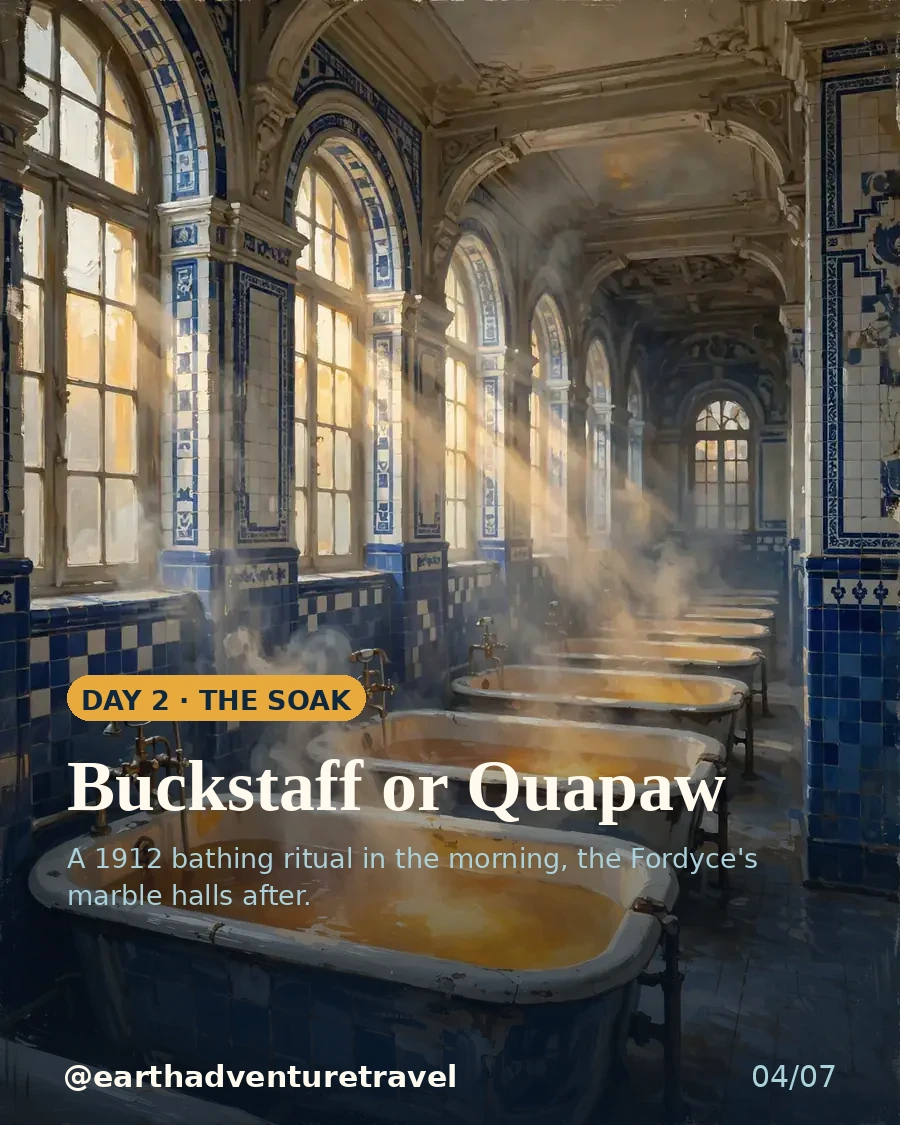 Day 2 graphic: a historic bathhouse soaking hall with steaming amber water