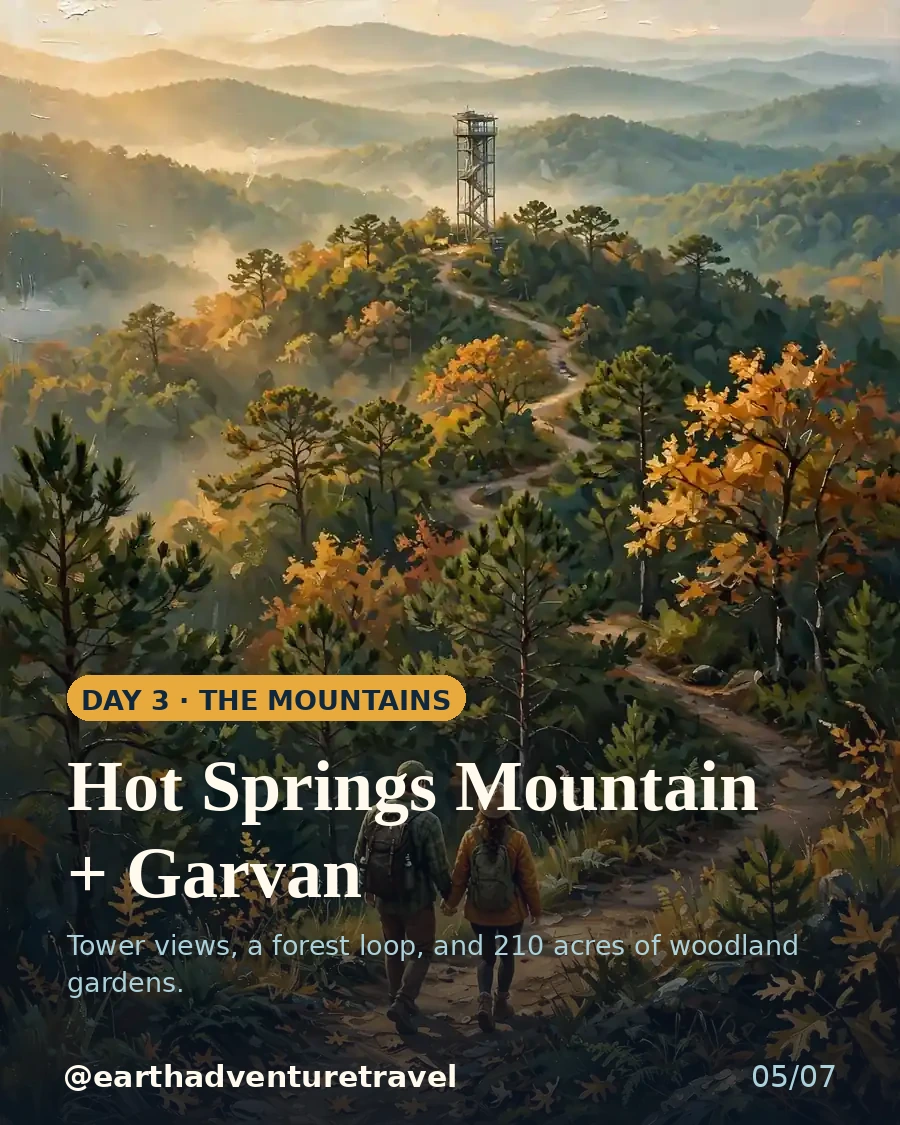 Day 3 graphic: a couple hiking an Ouachita ridge toward the Mountain Tower