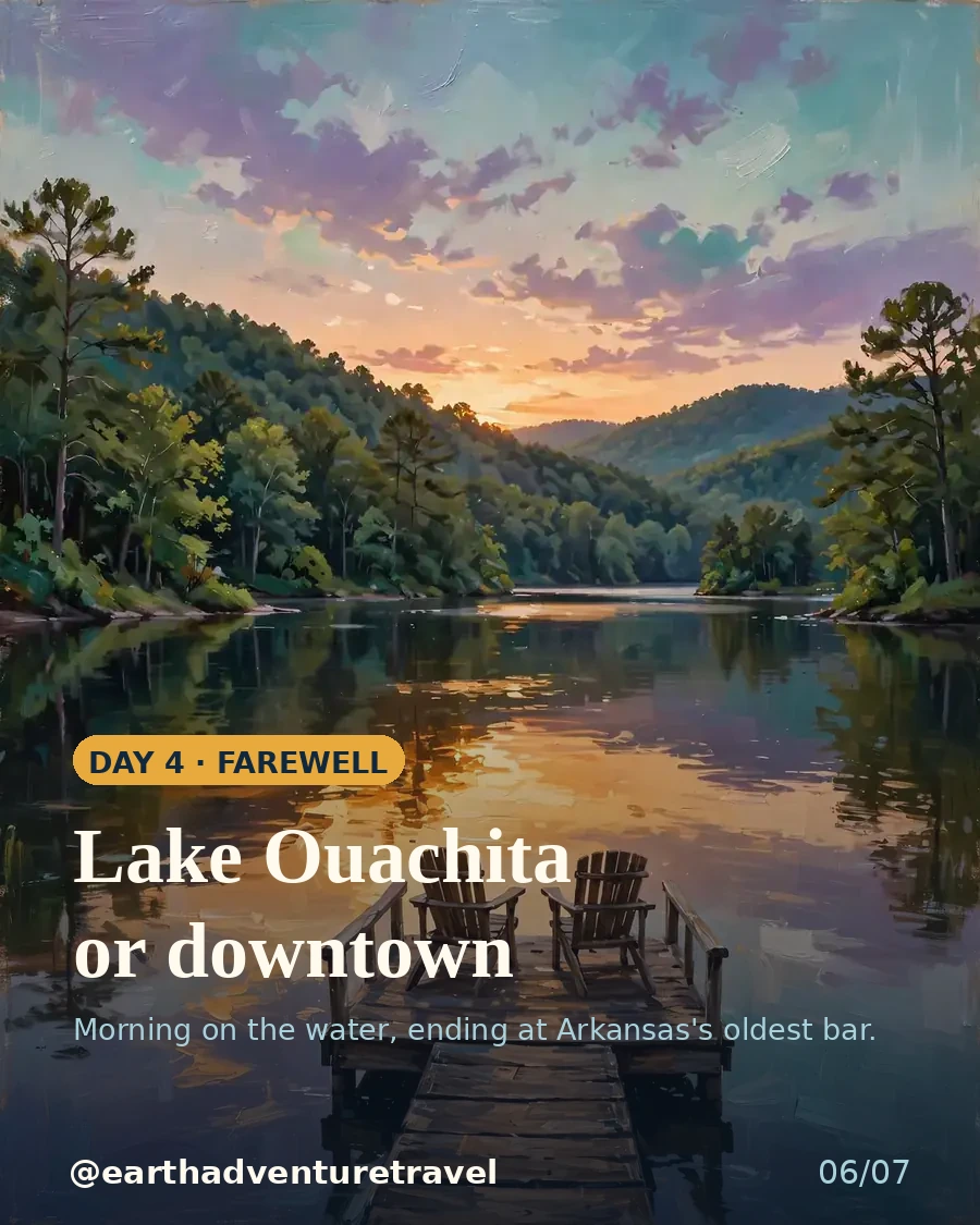 Day 4 graphic: sunset over Lake Ouachita with a dock and two chairs