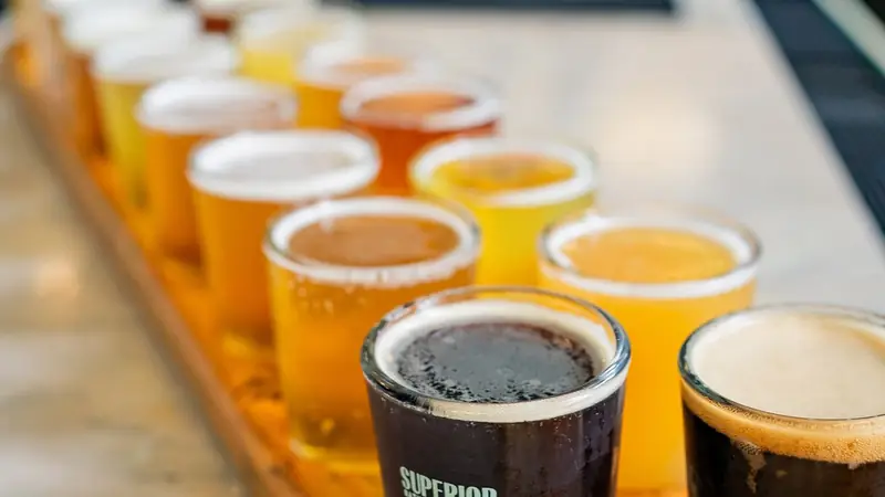 A beer flight at Superior Bathhouse Brewery