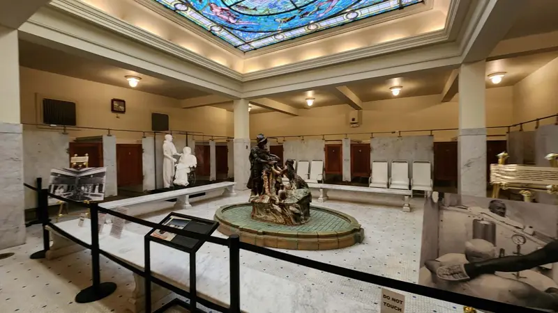 The Fordyce Bathhouse men's bath hall with its stained-glass skylight