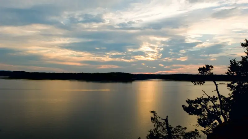 Sunset over Lake Ouachita with pine silhouettes