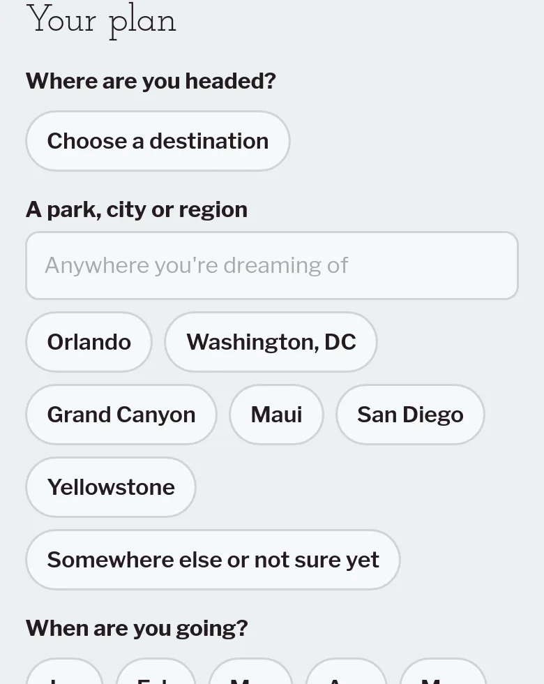 Screenshot of the plan form: “Your plan”, where you’re headed, and month chips.