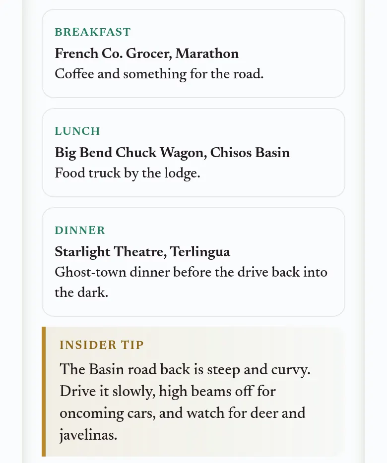 Screenshot of a sample day’s meals list, names only. The line “Every place links to its official site in your plan.” sits before Day 1.