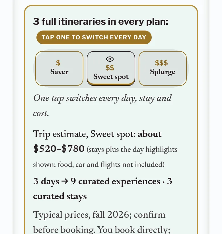 Screenshot of the Saver, Sweet spot and Splurge switch in a sample plan.