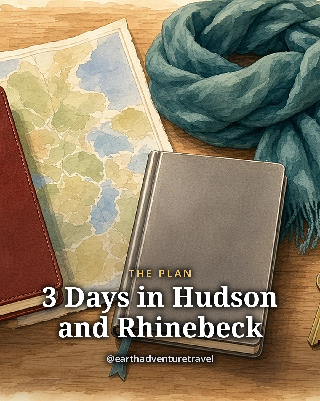 Illustration: a travel notebook, a folded paper map, a wool scarf, a sketchbook, a coffee cup, a small brass key and a sprig of juniper on a sunny table, original illustrated plan card for 3 days in Hudson and Rhinebeck