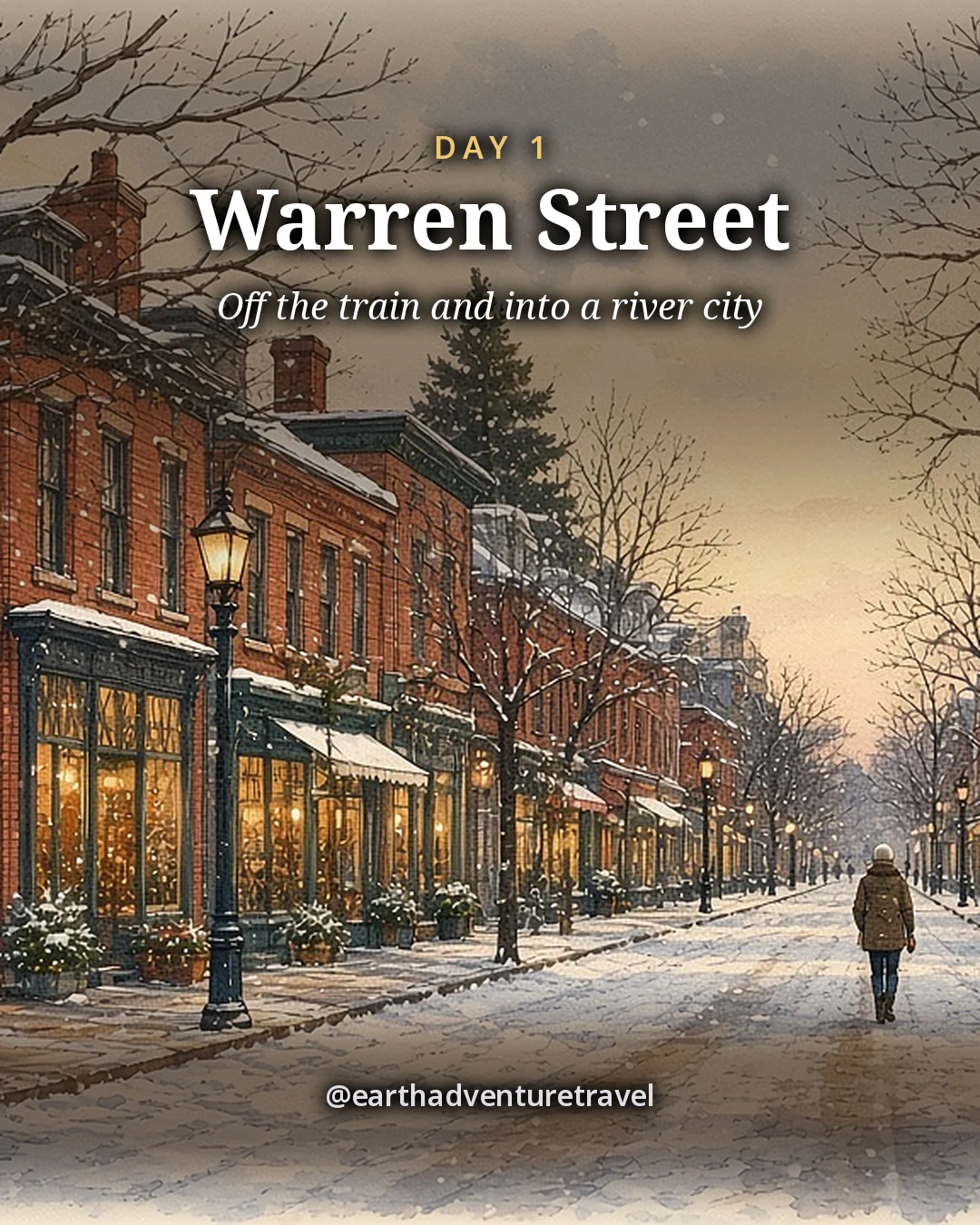 Illustration: a long main street of 19th-century brick and clapboard storefronts with lamplit shop windows and bare trees in light snow, illustrated day card for Day 1