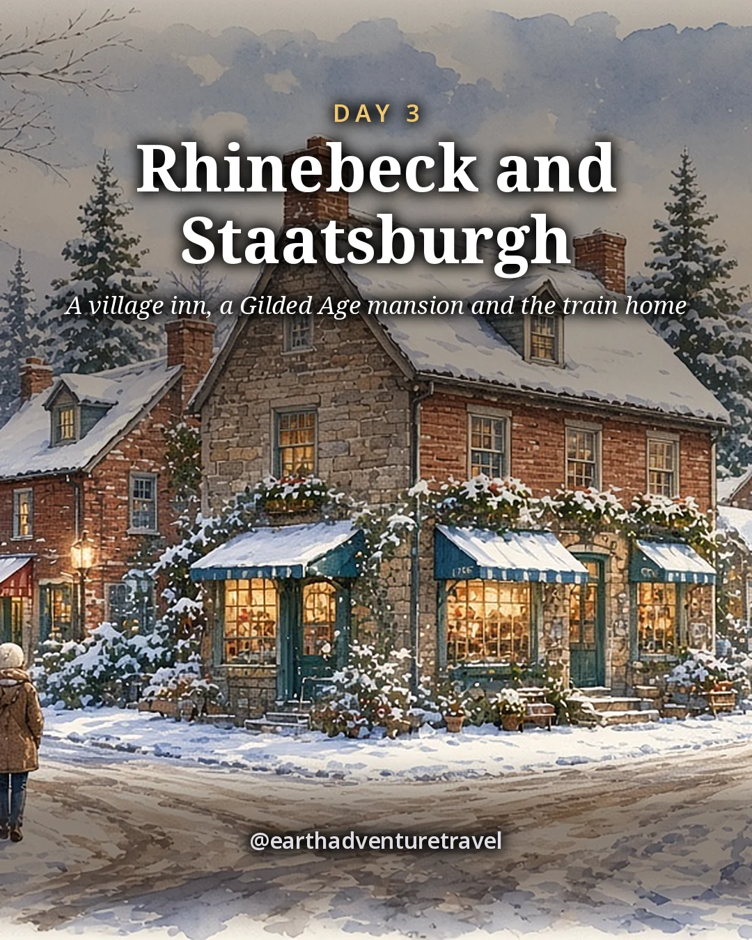 Illustration: a village crossroads with an old colonial stone-and-clapboard inn and storefronts dusted with snow under warm lamplight, illustrated day card for Day 3