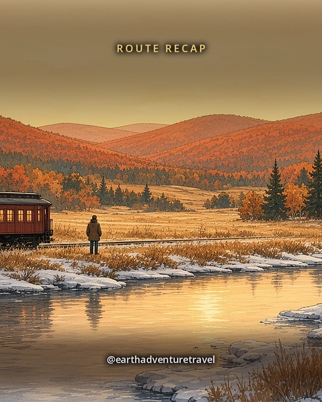 Illustration: the Hudson River at dusk in winter with ice along the banks, low forested Catskill ridges beyond and a small train with lit windows running along the shore, original illustrated recap card