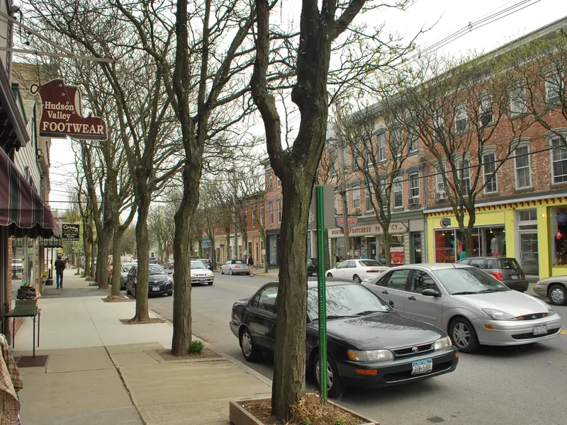 A Rhinebeck village street with shops, street trees and parked cars along the sidewalk