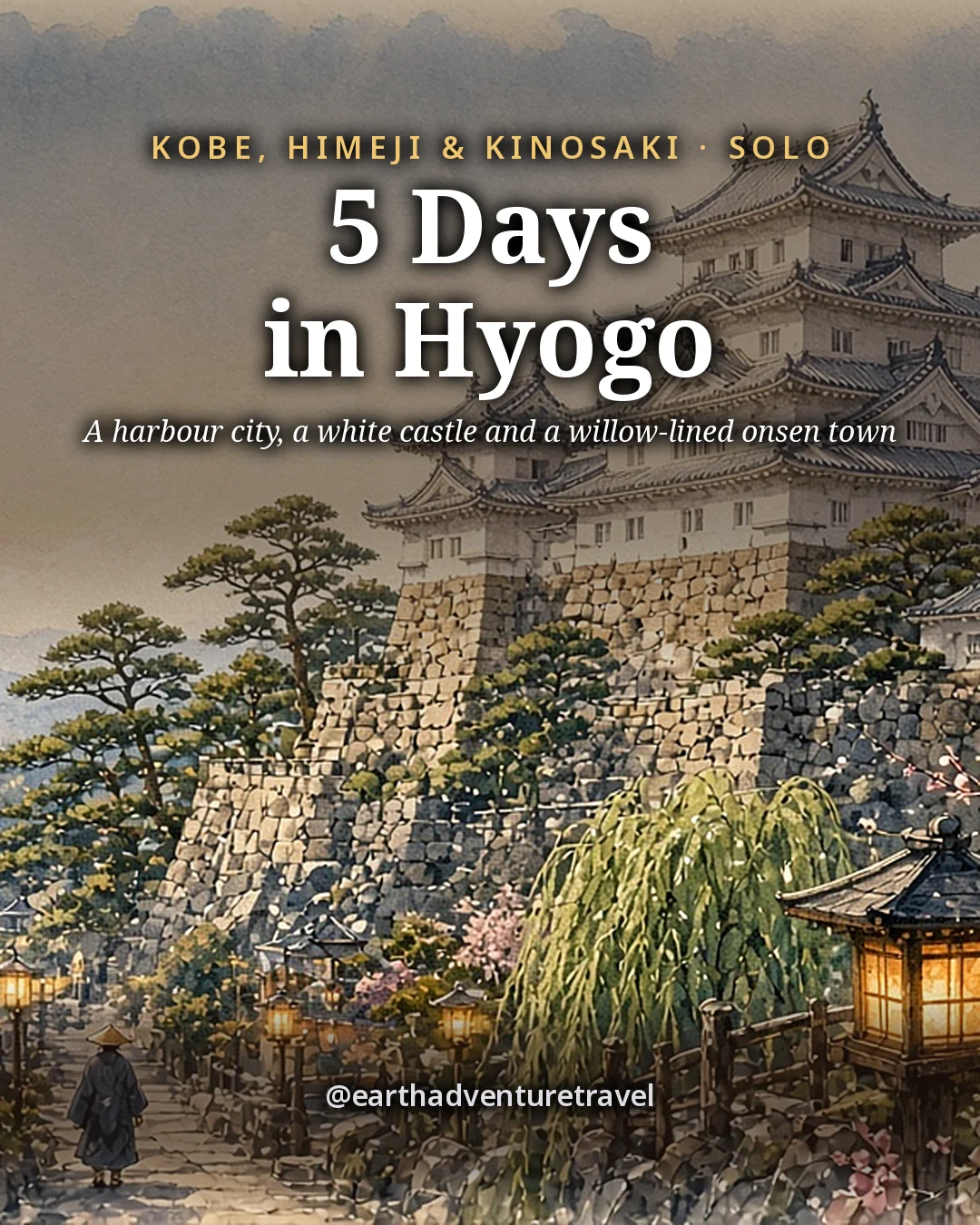 Illustration: the cover for 5 Days in Hyogo, a brilliant white multi-tiered Japanese castle on its hill above stone walls and pine trees in soft winter light