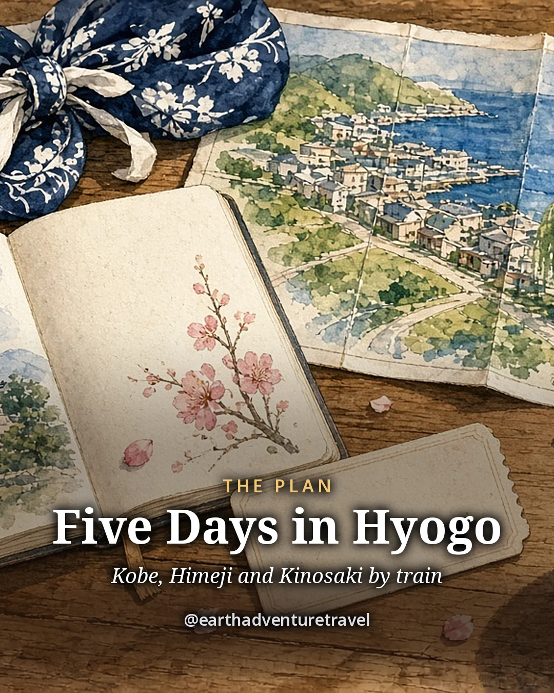 Illustration: an open notebook with a cherry blossom sketch, a folded map of a coastal town, a blue furoshiki cloth and a train ticket on a wooden table, original illustrated plan card