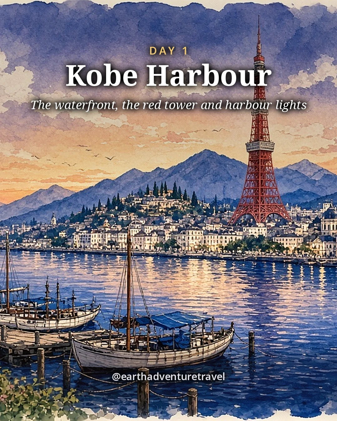 Illustration: a harbour waterfront park with a slender red lattice tower, moored boats and mountains behind the city at dusk, illustrated day card for Day 1