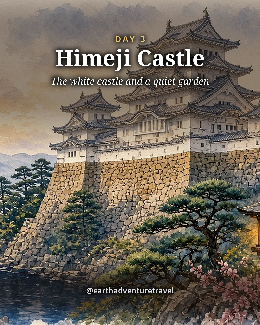 Illustration: a brilliant white Japanese castle with layered roofs above massive curved stone walls and pine trees, illustrated day card for Day 3