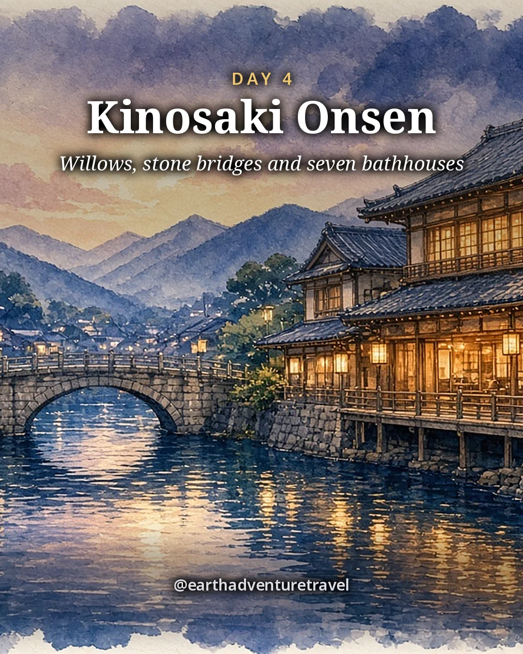 Illustration: a willow-lined canal with small stone bridges and wooden ryokan inns glowing with lantern light at dusk, illustrated day card for Day 4
