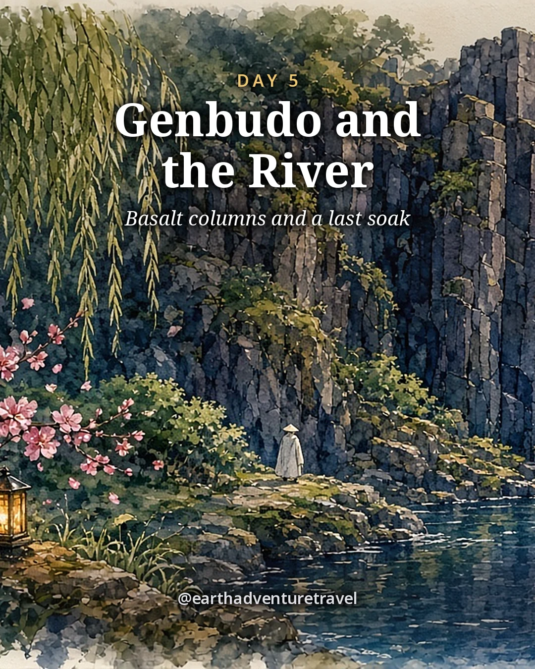 Illustration: giant columns of dark hexagonal basalt rock in a wooded cliff above a calm river, illustrated day card for Day 5