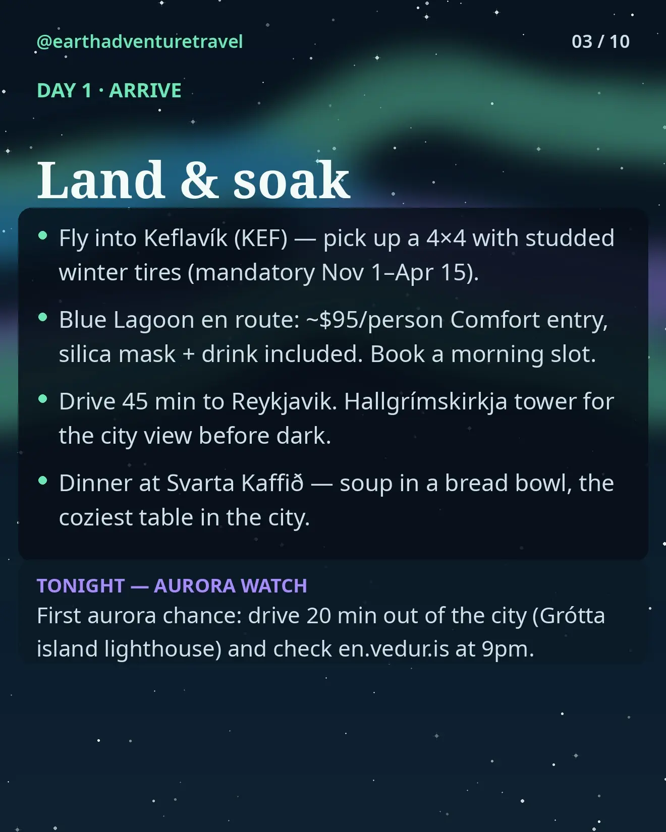 Day 1 graphic: Blue Lagoon soak and Reykjavik at night