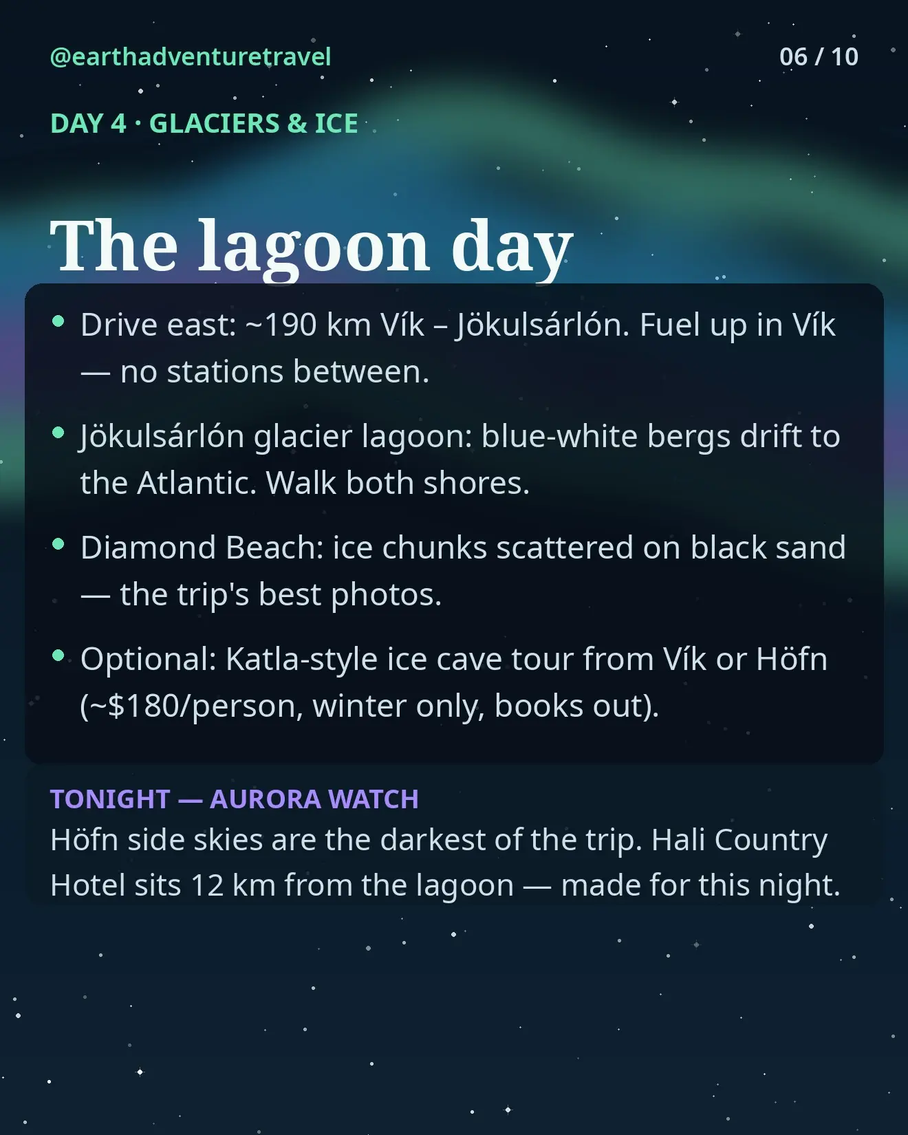 Day 4 graphic: black sand beach and glacier lagoon icebergs