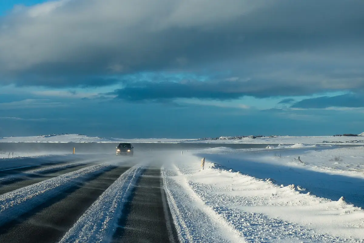 Driving on a winter road in Iceland
