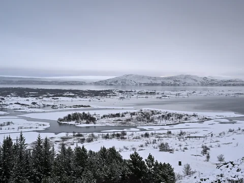 A frosty winter view over Thingvellir National Park from the observation deck
