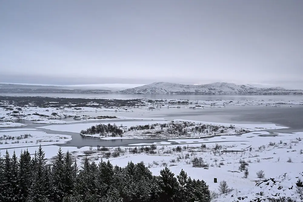Observation deck view over Thingvellir National Park in winter