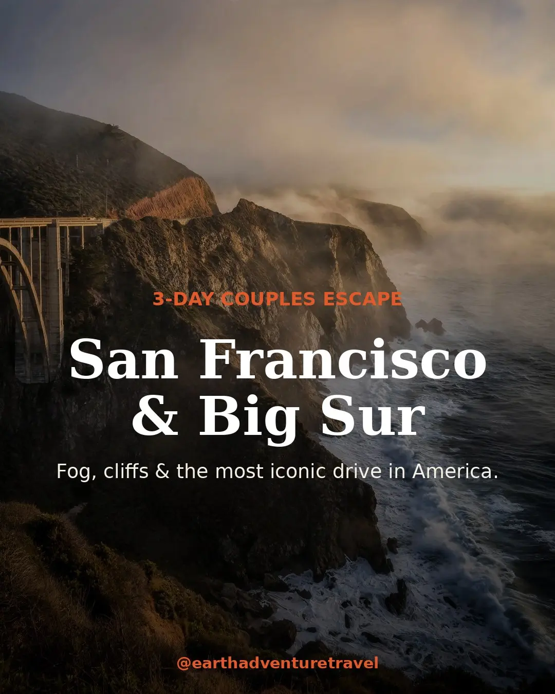 Bixby Bridge cliffs in golden fog — San Francisco and Big Sur couples trip