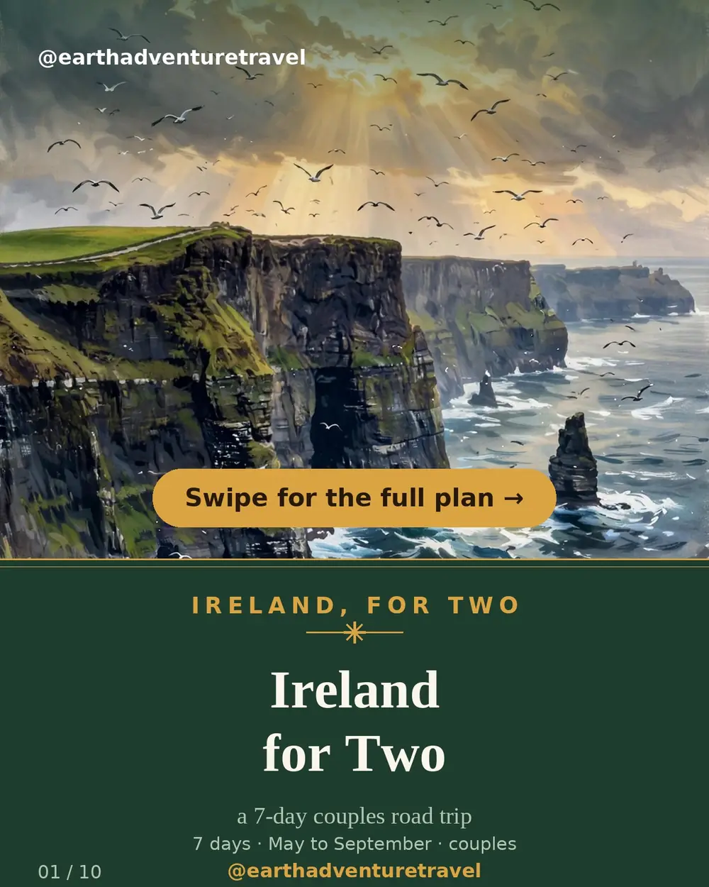 Illustrated Ireland couples guide cover: the Cliffs of Moher at golden hour