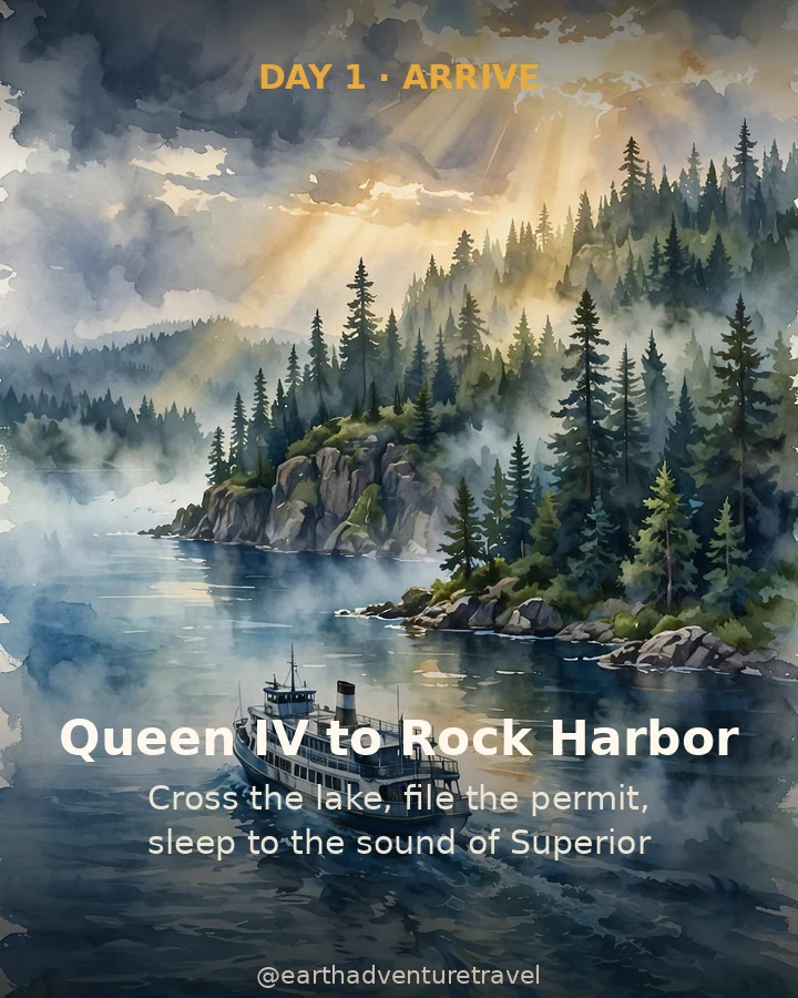 Day 1 graphic: the ferry crossing Lake Superior toward forested Isle Royale at dawn