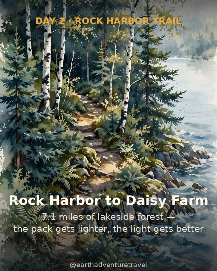 Day 2 graphic: a boreal forest trail along the Lake Superior shoreline