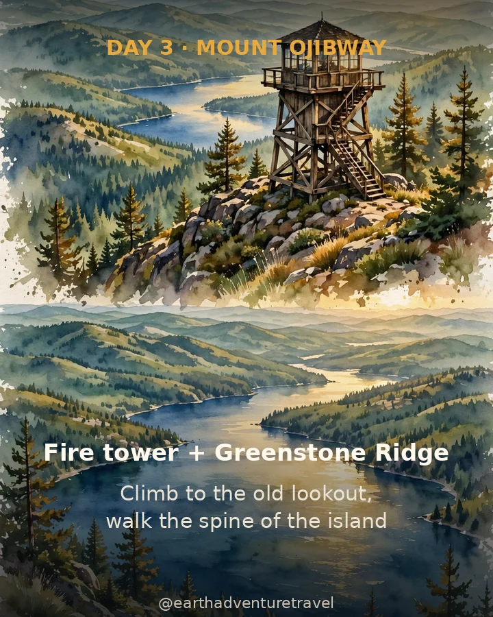 Day 3 graphic: a wooden fire tower on a forested ridge above the lake