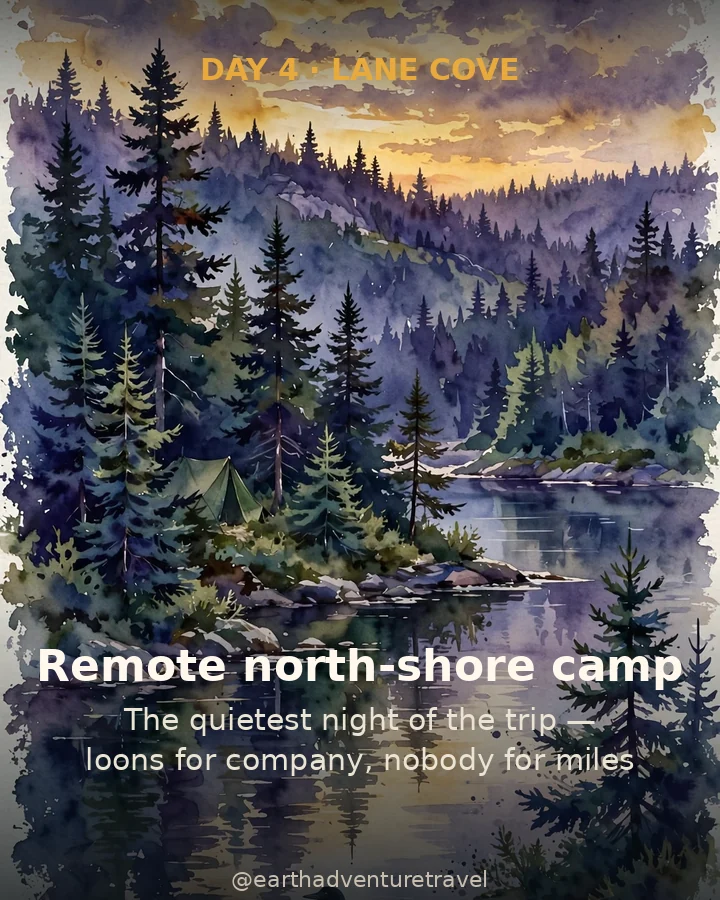 Day 4 graphic: a tent among spruces beside a still cove at dusk, a loon on the water