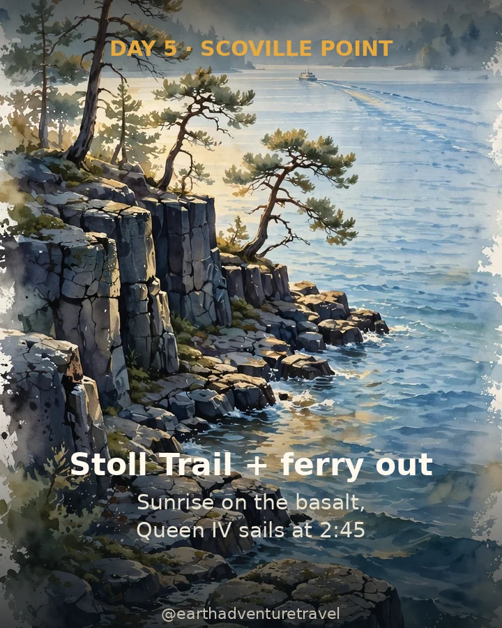 Day 5 graphic: a rocky point jutting into Lake Superior at golden morning light