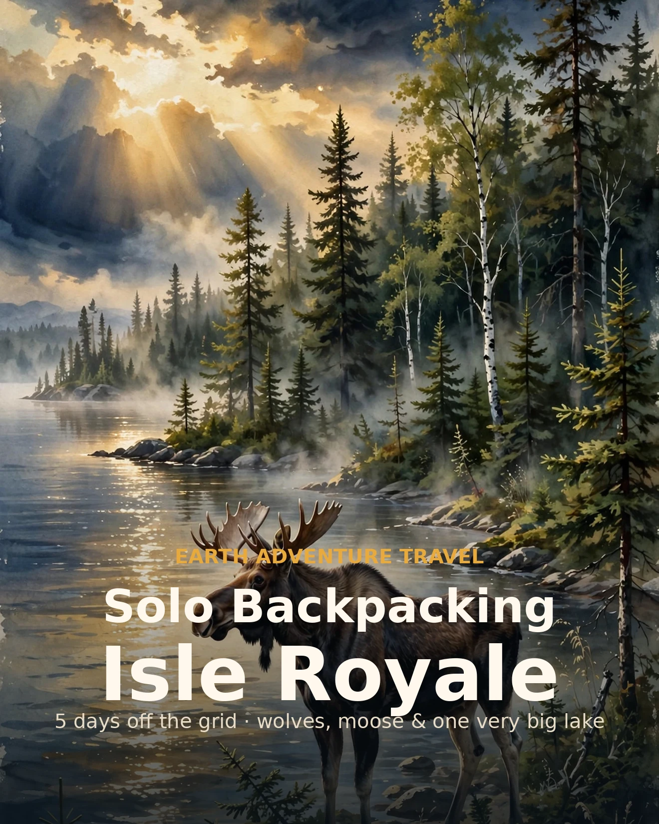 Illustrated Isle Royale solo guide cover: a moose on a Lake Superior shoreline at dawn, boreal forest behind