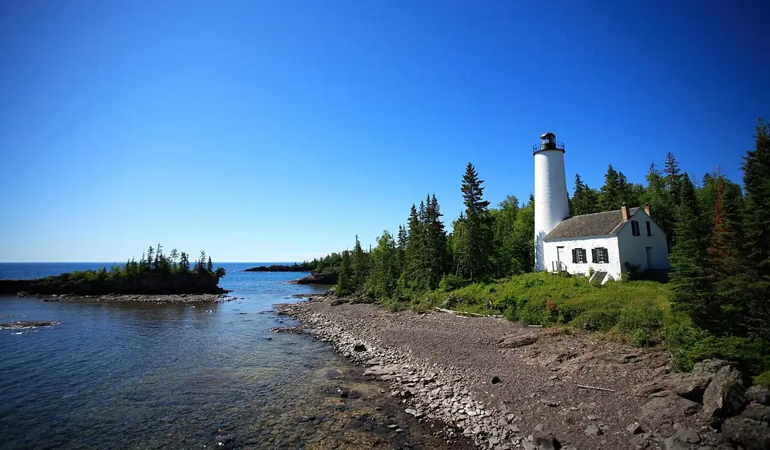 The Rock Harbor Lighthouse on Isle Royale's rocky shore