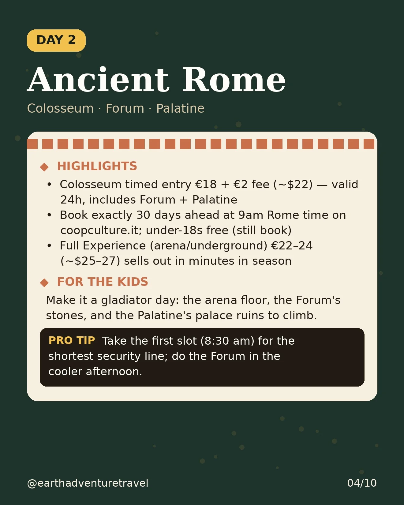 Day 2 itinerary card: Colosseum, Forum, Palatine