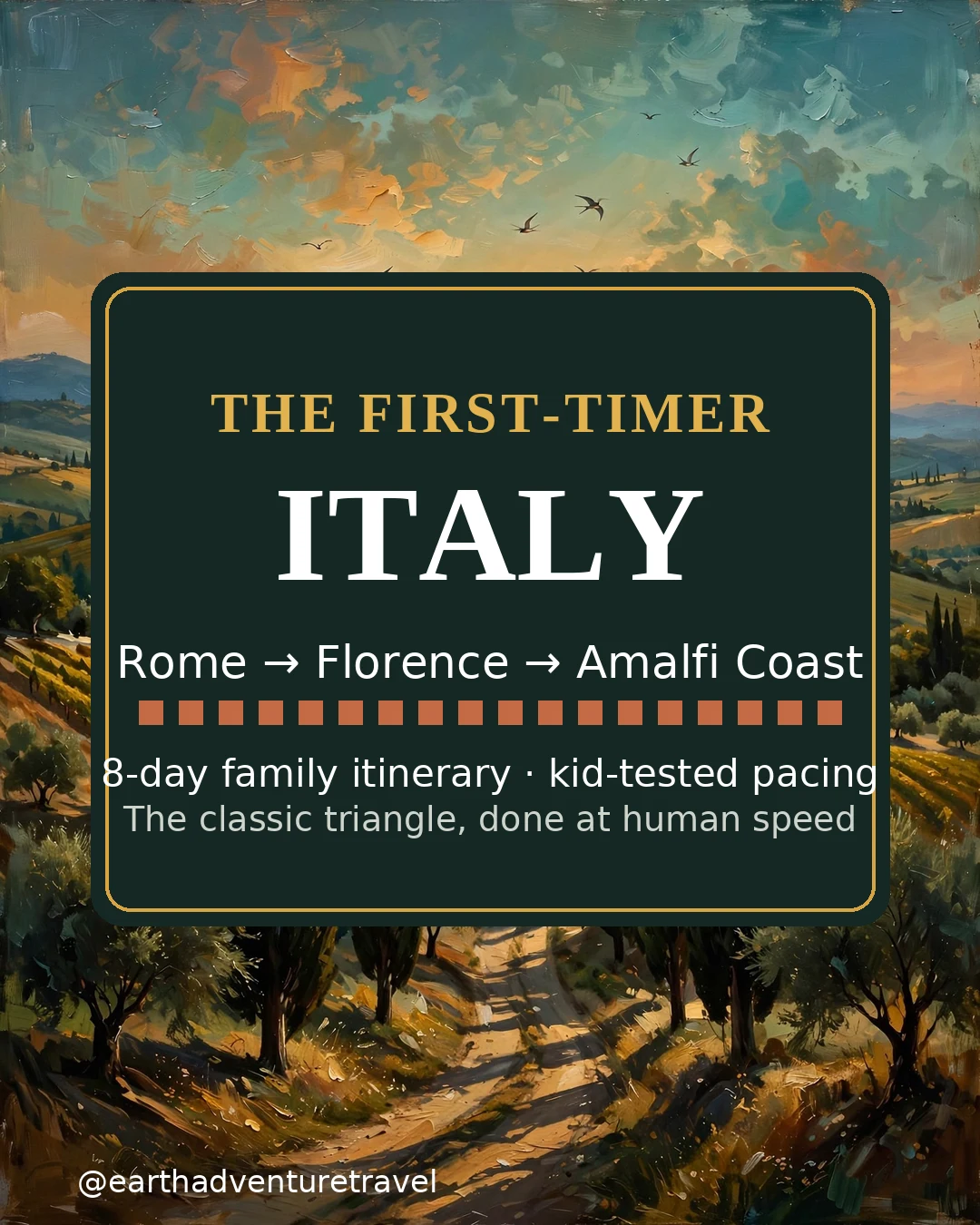 Illustrated Italy guide cover: Rome, Florence, and the Amalfi Coast — an 8-day family itinerary