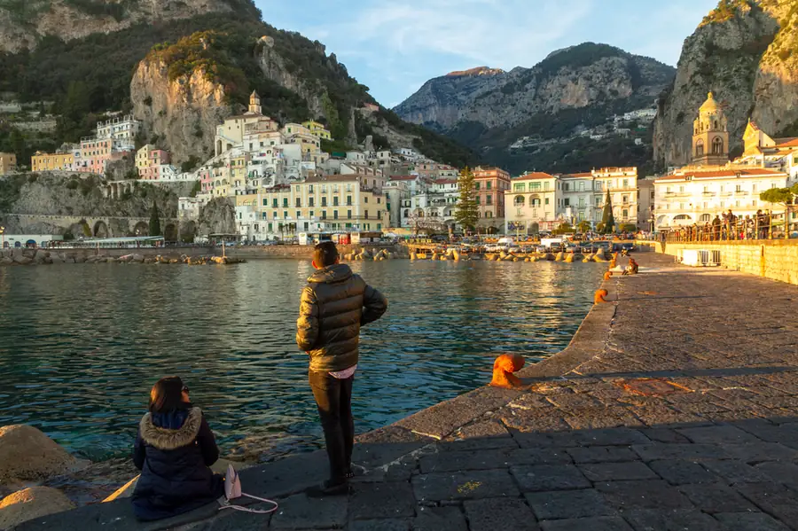 Amalfi's harbor and waterfront at golden hour