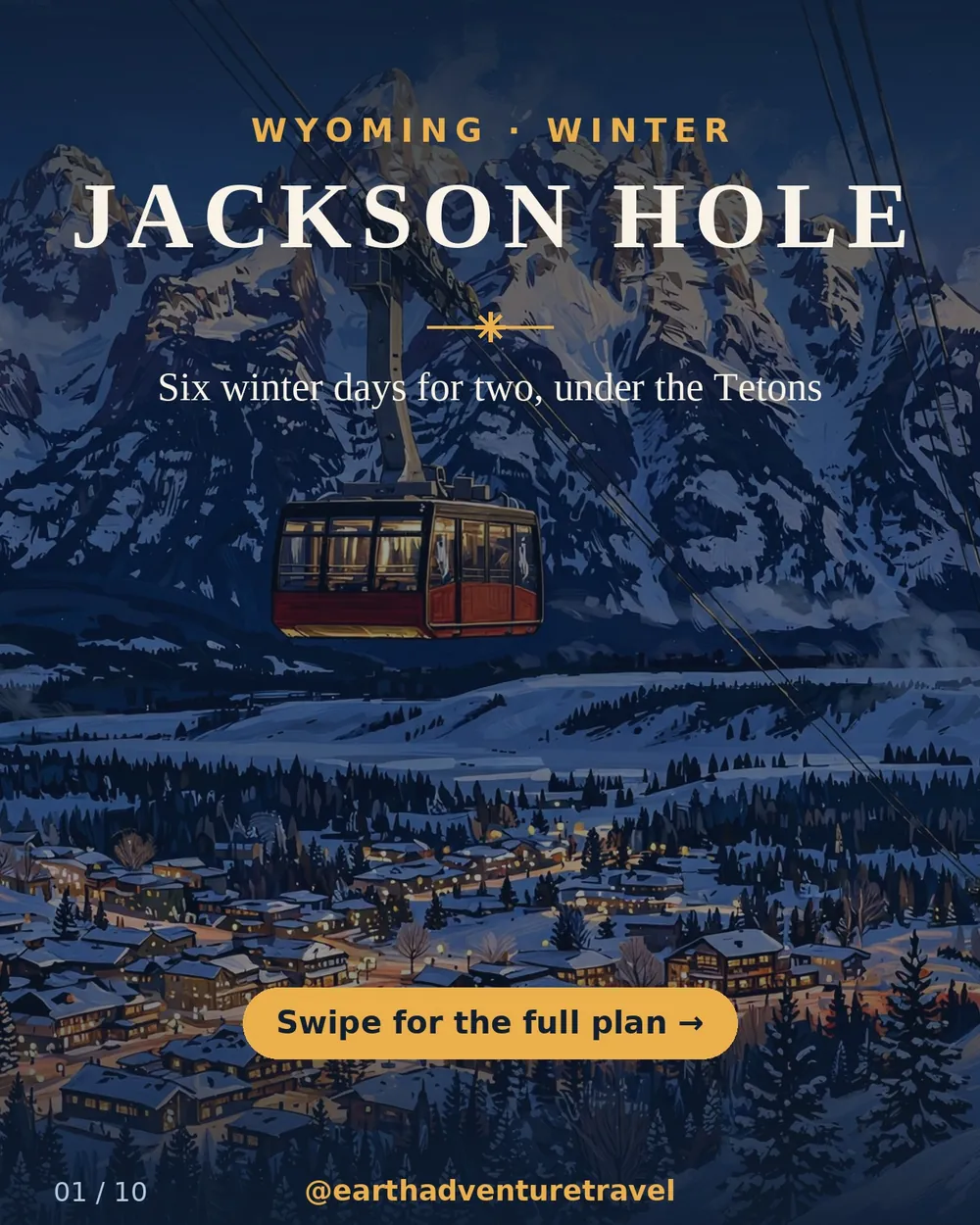 Illustrated Jackson Hole family ski guide cover: powder slopes, the Quicksilver Gondola, and Main Street lights