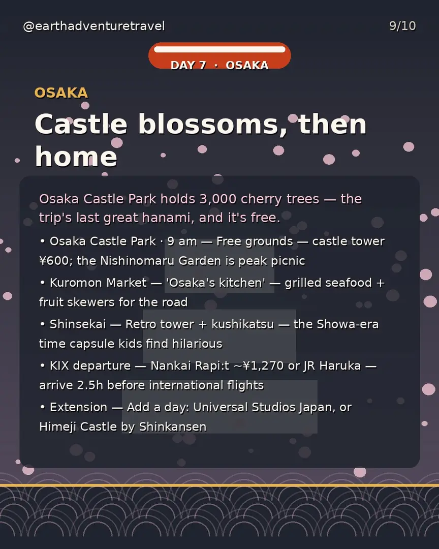 Day 7 itinerary card: Osaka Castle and departure