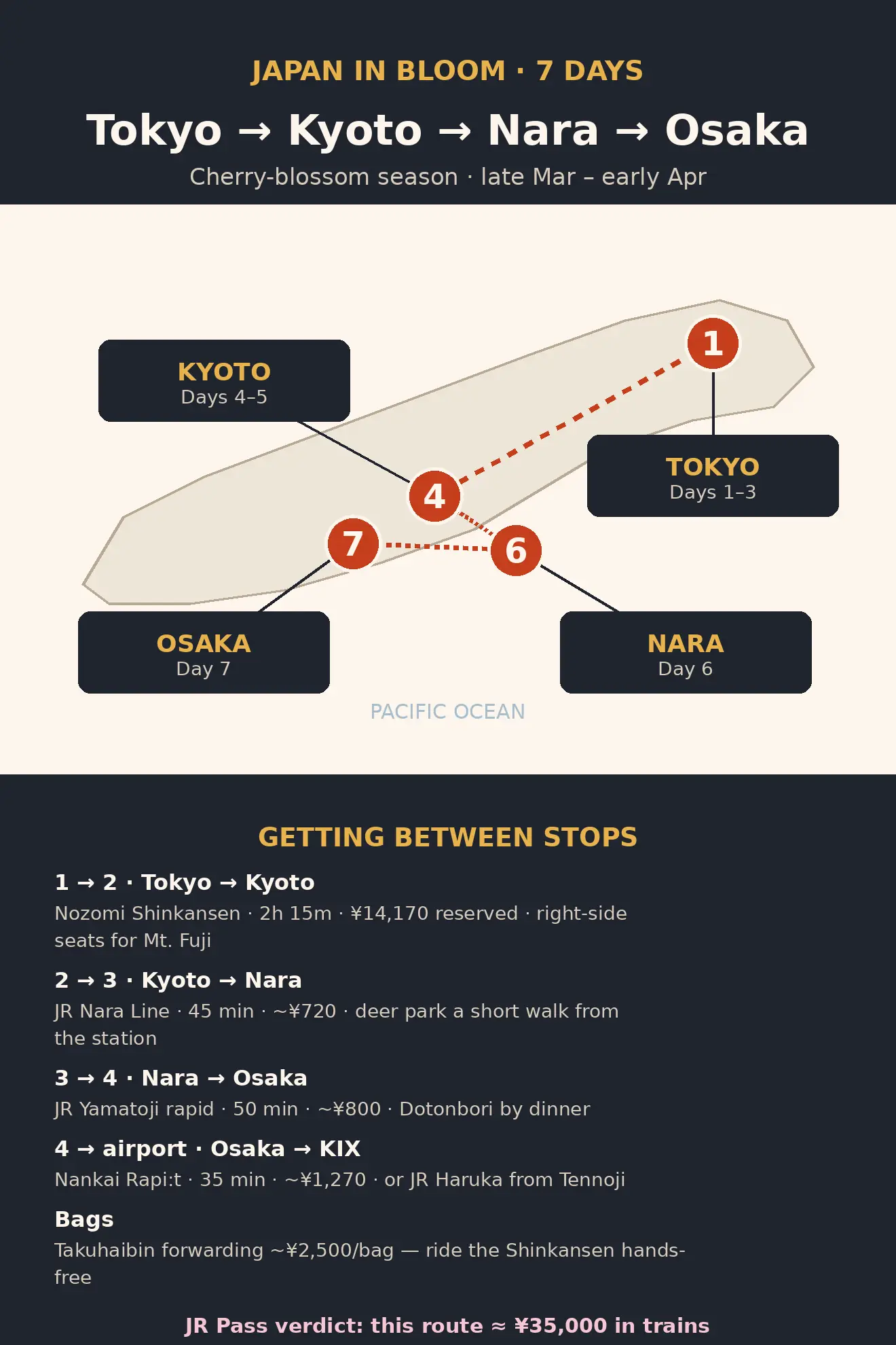 Japan cherry-blossom route map: Tokyo (days 1–3), Shinkansen to Kyoto (days 4–5), Nara and Osaka (days 6–7)