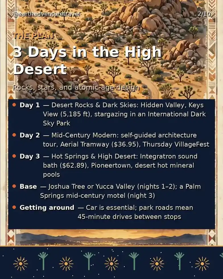 Illustrated three-day Joshua Tree + Palm Springs route plan