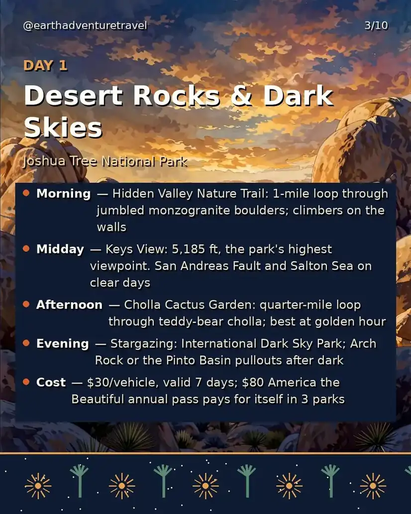 Day 1 graphic: Joshua Tree desert rocks and dark skies